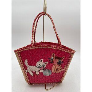 Vintage Woven Straw Handbag Cat Design Red & Natural Tote Handcrafted Basket Bag